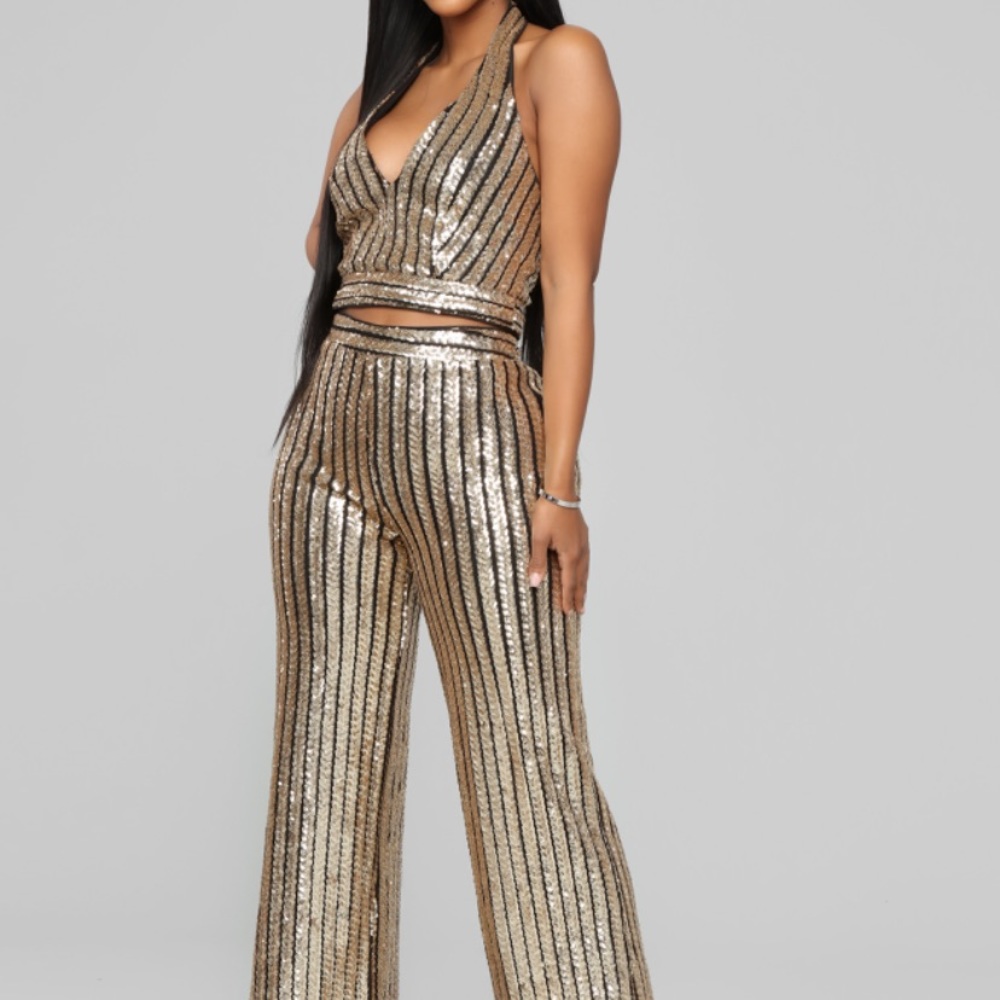 Fashion Nova Sequins Halter Top w| Pants Set